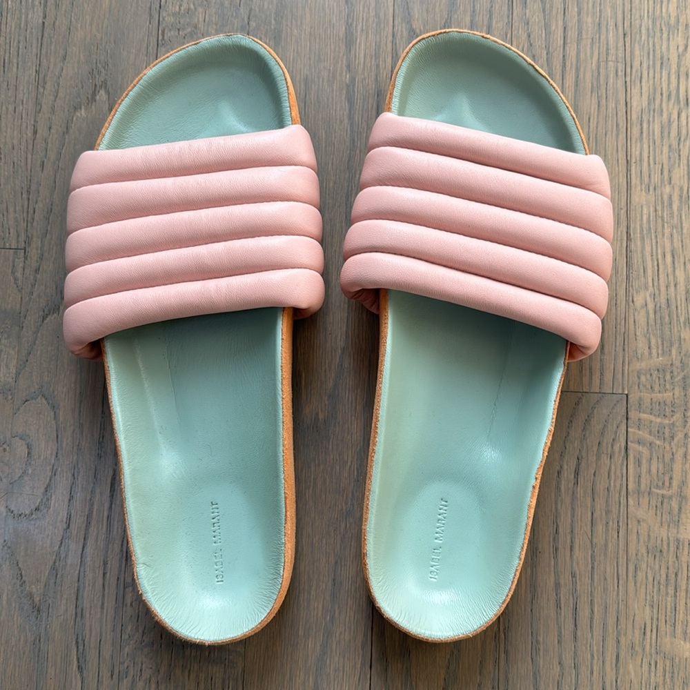 Like New, Isabel Marant Shellea padded slides, Pink upper with Aqua footbed